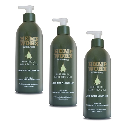 Hemp Worx Lemon Myrtle & Clary Sage Hand and Body Wash 500mL Pack of 3