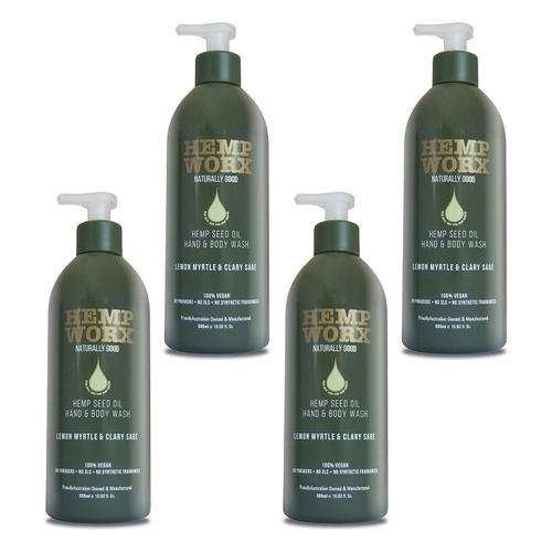 Hemp Worx Lemon Myrtle & Clary Sage Hand and Body Wash 500mL Pack of 4