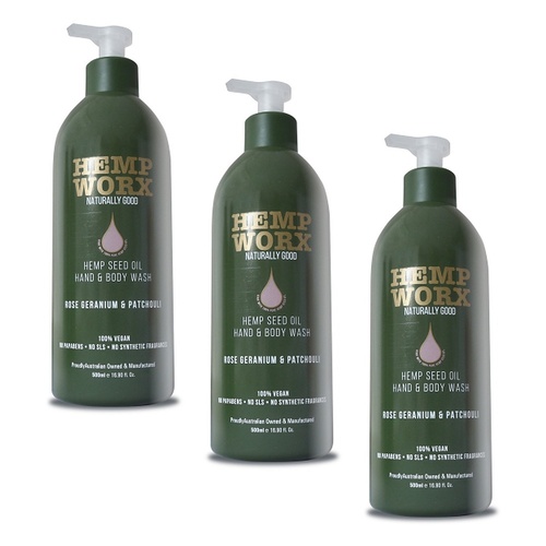 Hemp Worx Rose Geranium & Patchouli Hand and Body Wash 500mL Pack of 3