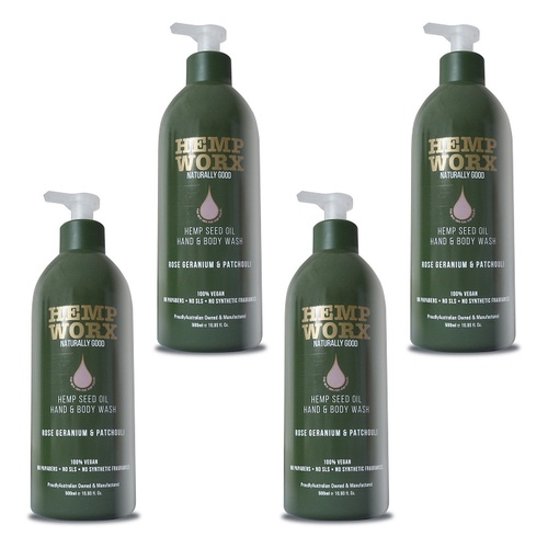 Hemp Worx Rose Geranium & Patchouli Hand and Body Wash 500mL Pack of 4