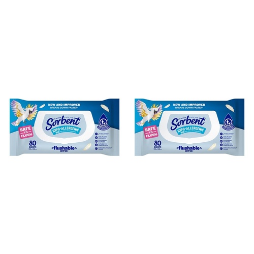 Sorbent Flushable Wipes Hypo-Allergenic 80s x 12 Bundle of 2