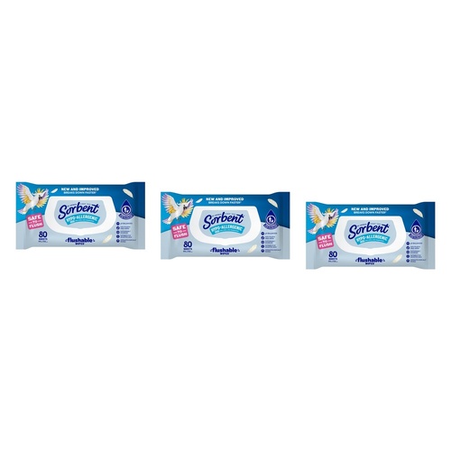 Sorbent Flushable Wipes Hypo-Allergenic 80s x 12 Bundle of 3
