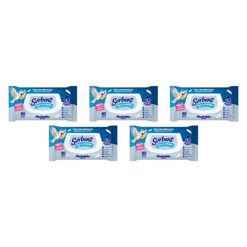 Sorbent Flushable Wipes Hypo-Allergenic 80s x 12 Bundle of 5