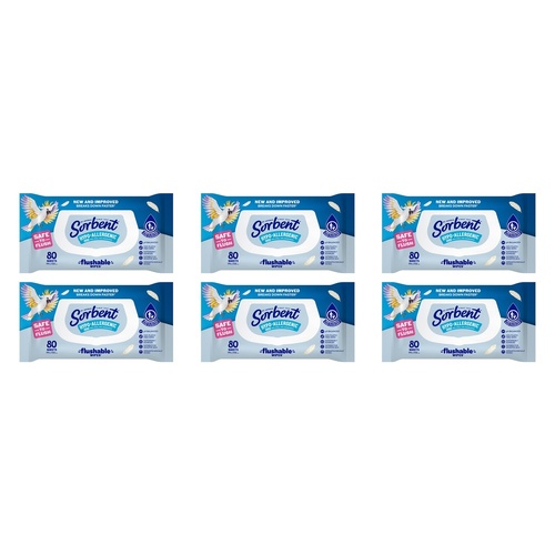 Sorbent Flushable Wipes Hypo-Allergenic 80s x 12 Bundle of 6