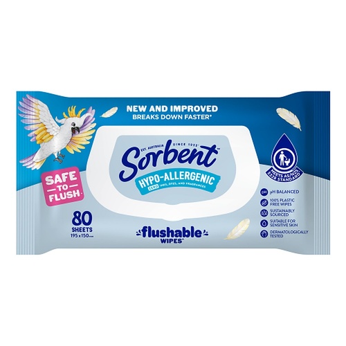 Sorbent Flushable Wipes Hypo-Allergenic 80s x 12