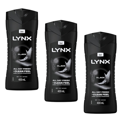 Lynx Black 3-in-1 Body Wash 400mL Pack of 3