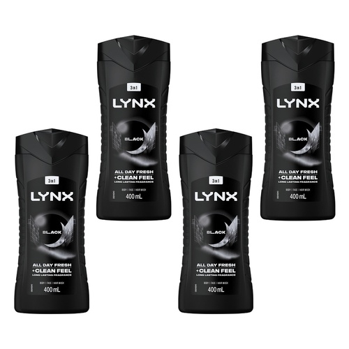 Lynx Black 3-in-1 Body Wash 400mL Pack of 4