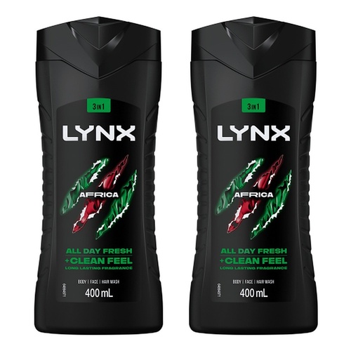 Lynx Africa 3-in-1 Body Wash 400mL Pack of 2