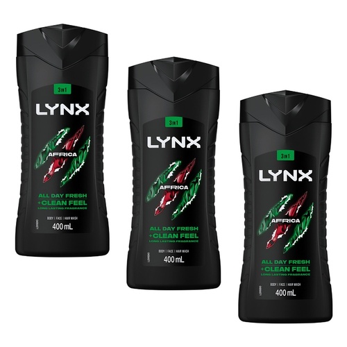 Lynx Africa 3-in-1 Body Wash 400mL Pack of 3