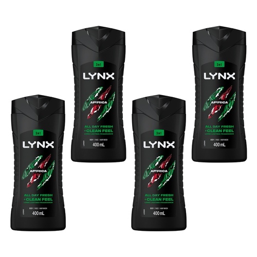 Lynx Africa 3-in-1 Body Wash 400mL Pack of 4