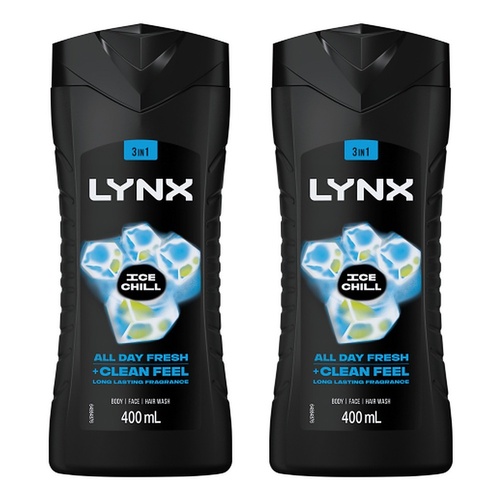 Lynx Ice Chill 3-in-1 Body Wash 400mL Pack of 2