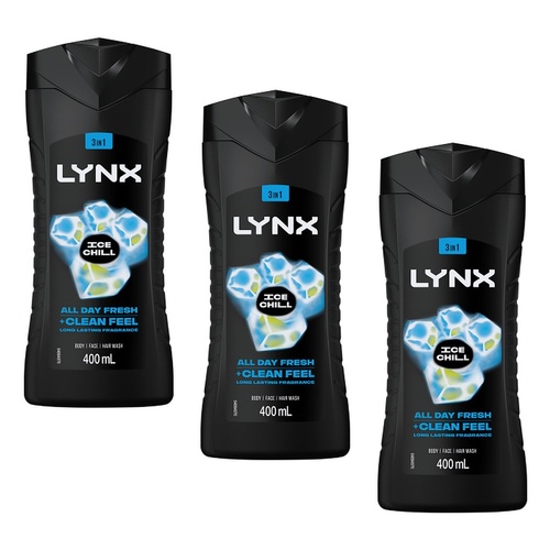 Lynx Ice Chill 3-in-1 Body Wash 400mL Pack of 3