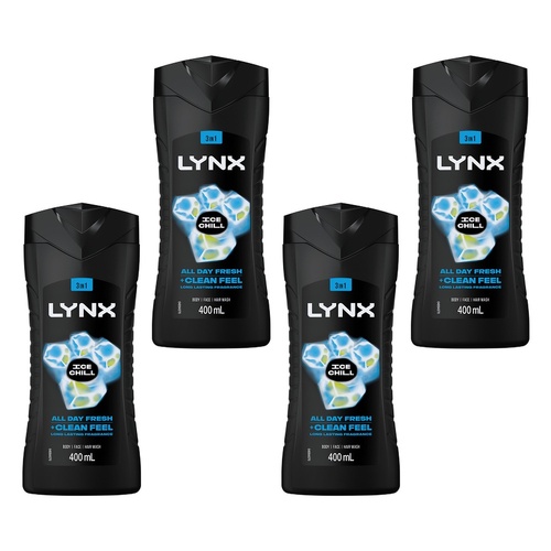 Lynx Ice Chill 3-in-1 Body Wash 400mL Pack of 4