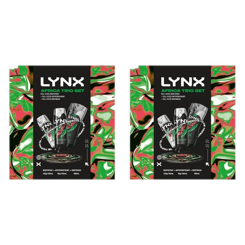 Lynx Africa Trio Body Spray, Antiperspirant & Body Wash Set 3 Piece Pack of 2