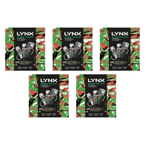Lynx Africa Trio Body Spray, Antiperspirant & Body Wash Set 3 Piece Pack of 5