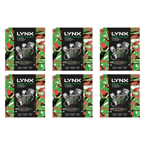 Lynx Africa Trio Body Spray, Antiperspirant & Body Wash Set 3 Piece Pack of 6