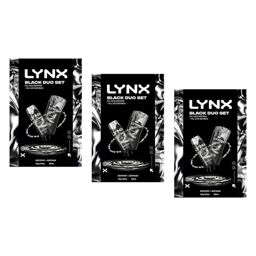 Lynx Black Duo Body Spray & Body Wash Gift Set 2 Piece Pack of 3