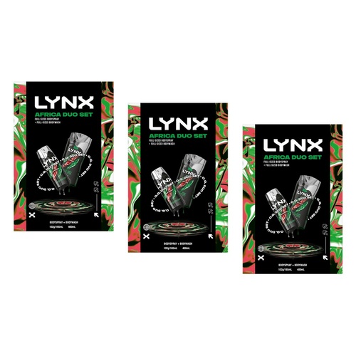 Lynx Africa Duo Body Spray & Body Wash Gift Set 2 Piece Pack of 3