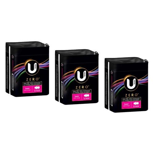 U By Kotex Super Pads with Wings 10 Pack x 6 Bundle of 3