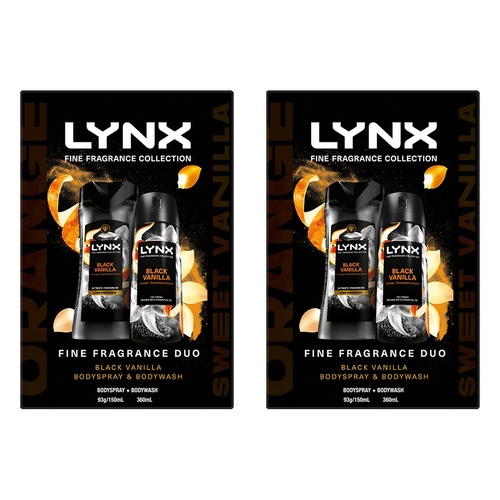 Lynx Fine Fragrance Black Vanilla Body Spray & Body Wash 3 Piece Pack of 2