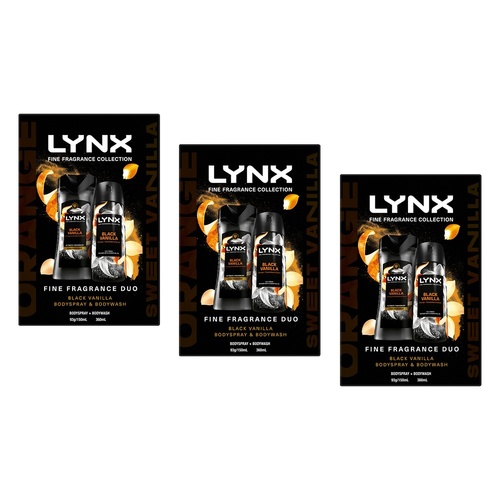 Lynx Fine Fragrance Black Vanilla Body Spray & Body Wash 3 Piece Pack of 3