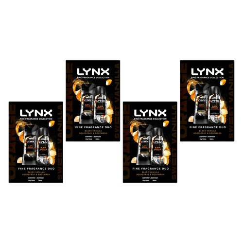 Lynx Fine Fragrance Black Vanilla Body Spray & Body Wash 3 Piece Pack of 4