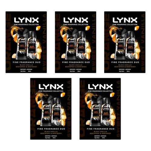 Lynx Fine Fragrance Black Vanilla Body Spray & Body Wash 3 Piece Pack of 5