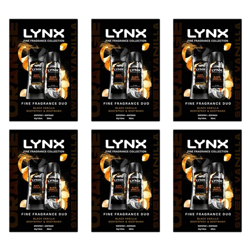 Lynx Fine Fragrance Black Vanilla Body Spray & Body Wash 3 Piece Pack of 6
