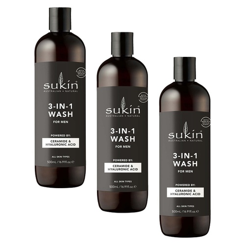 Sukin Men's 3-in-1 Wash 500mL Pack of 3