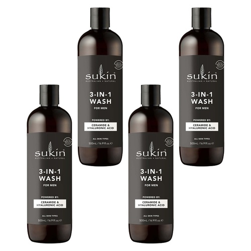 Sukin Men's 3-in-1 Wash 500mL Pack of 4