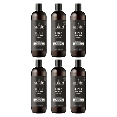 Sukin Men's 3-in-1 Wash 500mL Pack of 6