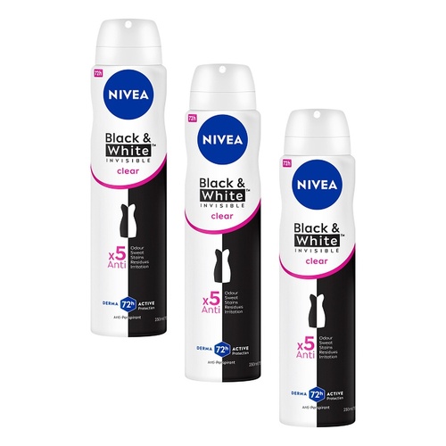 NIVEA Black & White Invisible Clear 72H Anti-Perspirant 250mL Pack of 3