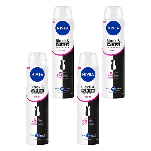 NIVEA Black & White Invisible Clear 72H Anti-Perspirant 250mL Pack of 4