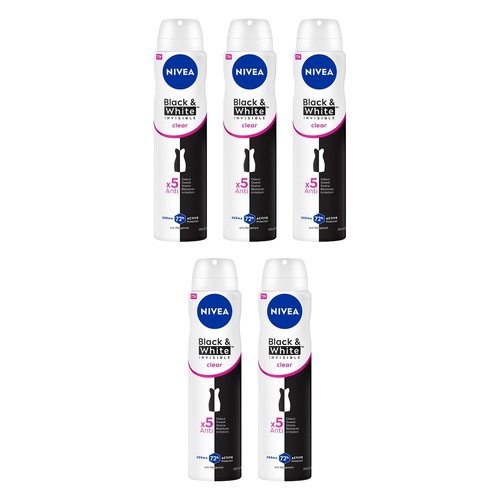 NIVEA Black & White Invisible Clear 72H Anti-Perspirant 250mL Pack of 5