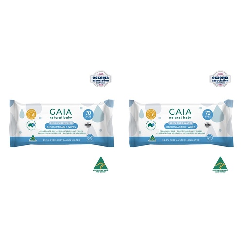 GAIA Natural Baby Biodegradable Wipes, Fragrance Free, 70 Pack Bundle of 2