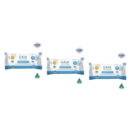 GAIA Natural Baby Biodegradable Wipes, Fragrance Free, 70 Pack Bundle of 3