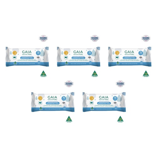 GAIA Natural Baby Biodegradable Wipes, Fragrance Free, 70 Pack Bundle of 5
