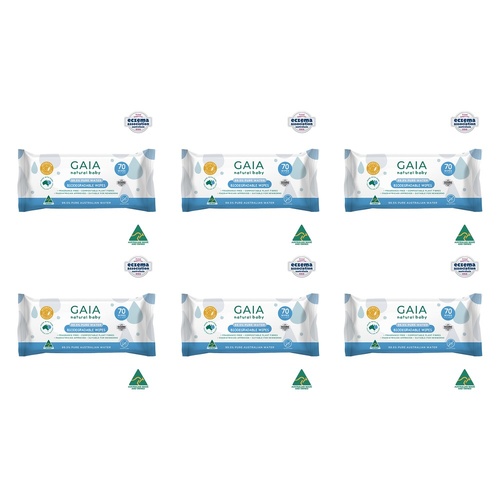 GAIA Natural Baby Biodegradable Wipes, Fragrance Free, 70 Pack Bundle of 6