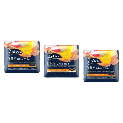 Libra Ultra Thin Dry Pads with Wings 12 Pack x 6 Bundle of 3