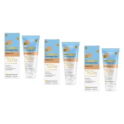 Hamilton Everyday Face Medium Tint SPF 50+ Sunscreen Lotion 75g Pack of 3
