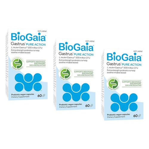 BioGaia Gastrus Pure Action Probiotic Capsules 60 Pack Bundle of 3