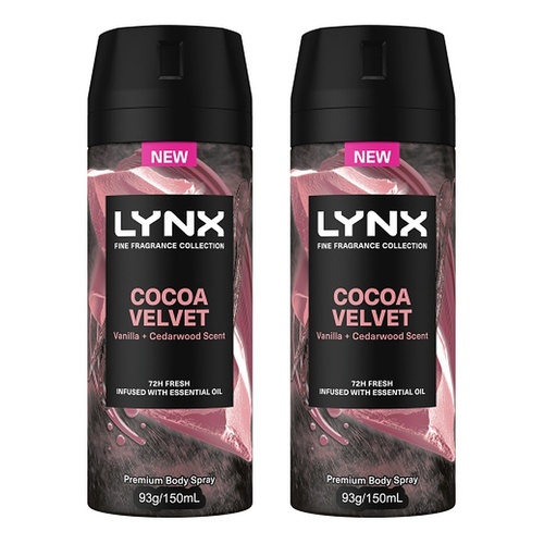 Lynx Fine Fragrance Body Spray Cocoa Velvet 150mL Pack of 2