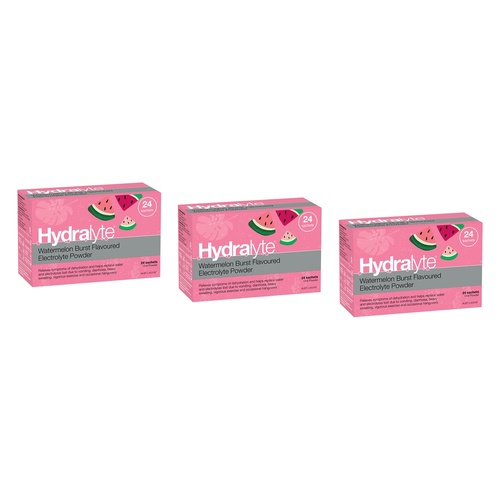 Hydralyte Watermelon Burst Flavoured Electrolyte Powder 24 Sachets Pack of 3