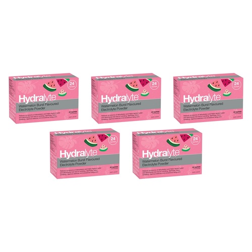 Hydralyte Watermelon Burst Flavoured Electrolyte Powder 24 Sachets Pack of 5