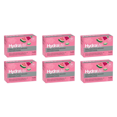 Hydralyte Watermelon Burst Flavoured Electrolyte Powder 24 Sachets Pack of 6