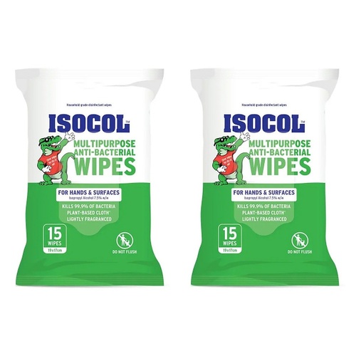 Isocol Multipurpose Anti-Bacterial Wipes 15 Pack Bundle of 2