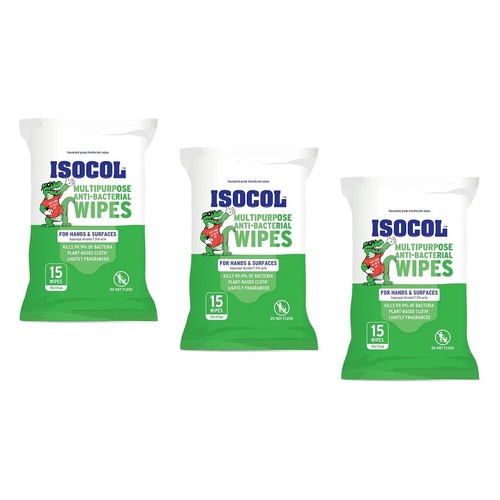Isocol Multipurpose Anti-Bacterial Wipes 15 Pack Bundle of 3