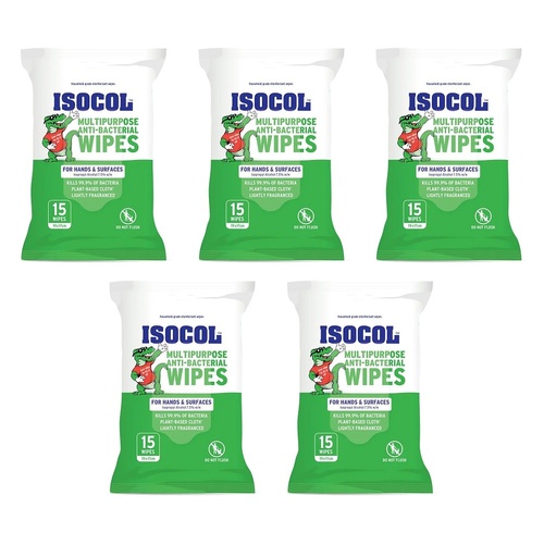 Isocol Multipurpose Anti-Bacterial Wipes 15 Pack Bundle of 5