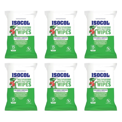 Isocol Multipurpose Anti-Bacterial Wipes 15 Pack Bundle of 6