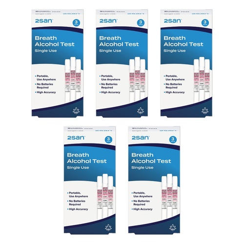 2San Single Use Breathalyzer Alcohol Test 3 Pack Bundle of 5
